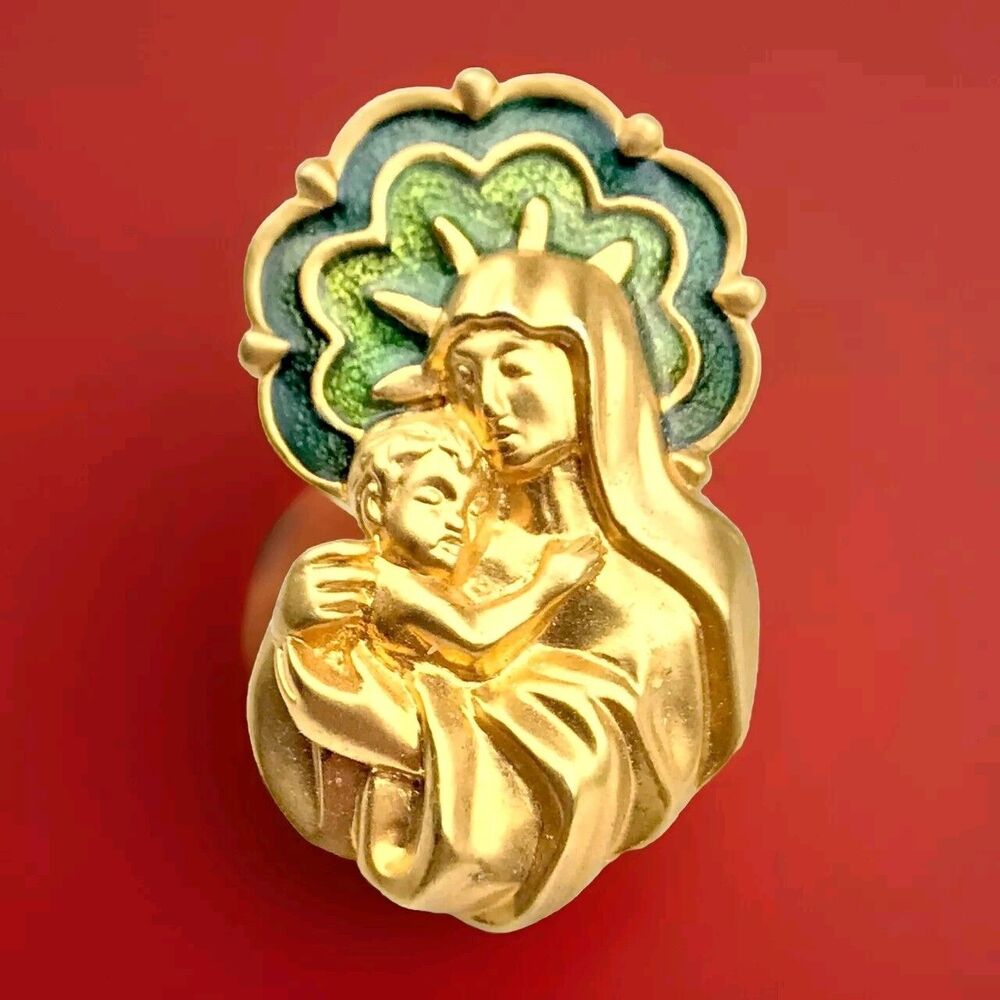 AVON Pin Brooch Madonna Child Gold Green Enamel Vintage Religious Devotional